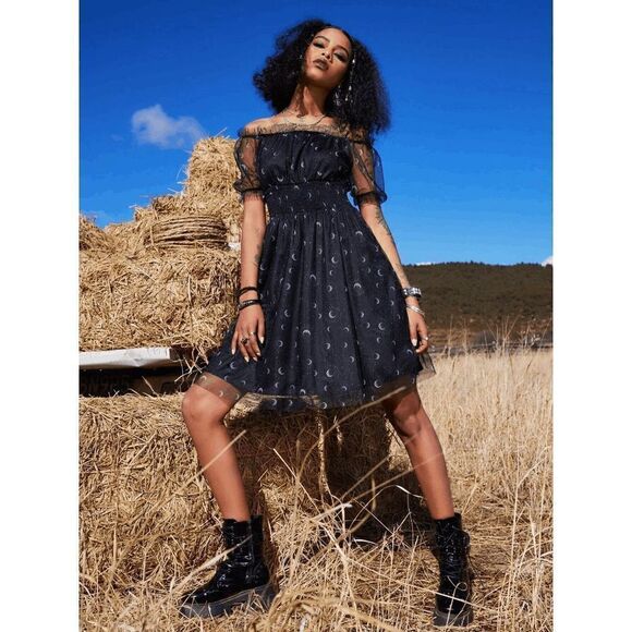 Off Shoulder Goth Witch Moon Print Contrast Mesh Flared Shirred Dress L NWT - Picture 6 of 16